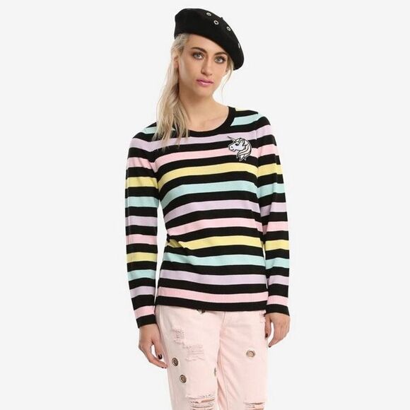 Hot Topic Black & Pastel Striped Unicorn Sweater - Picture 1 of 9